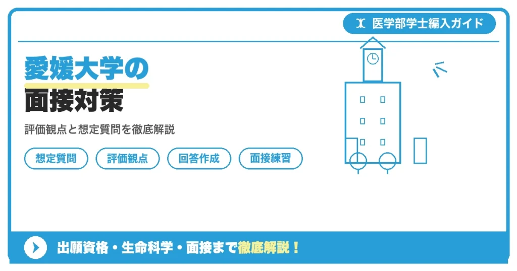 愛媛大学医学部医学科の学士編入学試験における第2次選抜の面接・プレゼンテーション対策と評価観点、想定質問例をまとめた解説記事のアイキャッチ画像