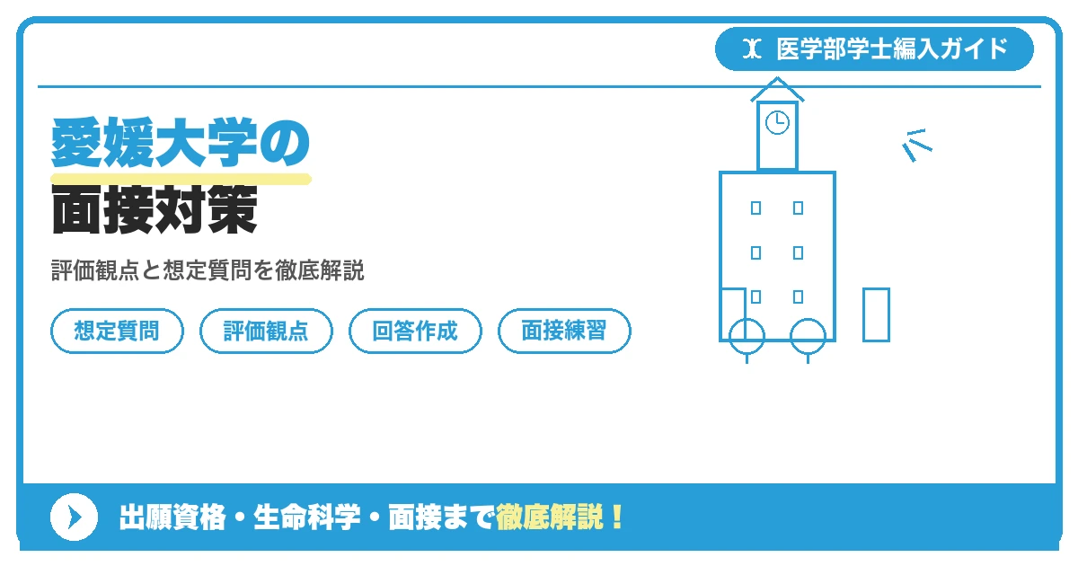 愛媛大学医学部医学科の学士編入学試験における第2次選抜の面接・プレゼンテーション対策と評価観点、想定質問例をまとめた解説記事のアイキャッチ画像