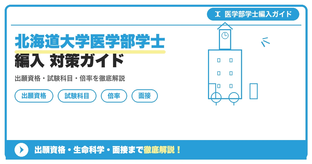 北海道大学医学部医学科の学士編入学試験について、出願資格・試験科目・倍率・対策のポイントをまとめた解説記事のアイキャッチ画像