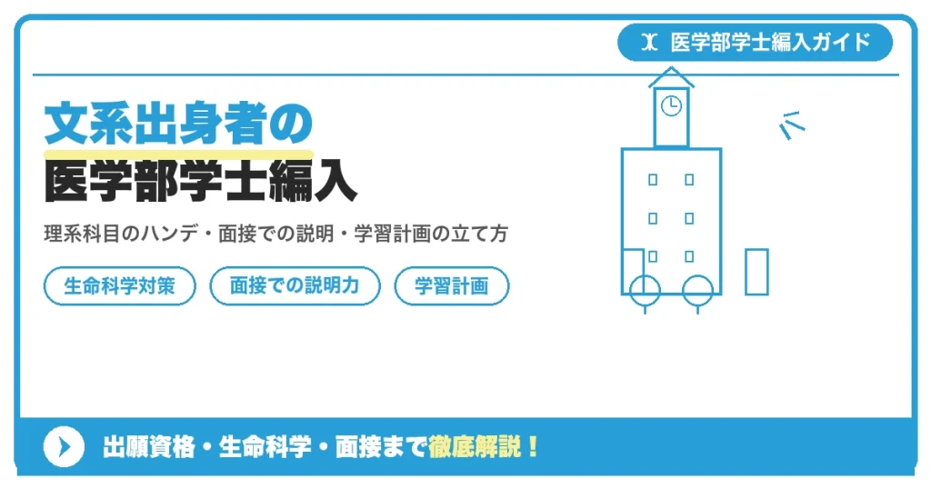 文系出身者が医学部学士編入で直面する理系科目のハンデと、面接・志望理由書での説明の仕方、学習計画の立て方を紹介する記事のイメージ