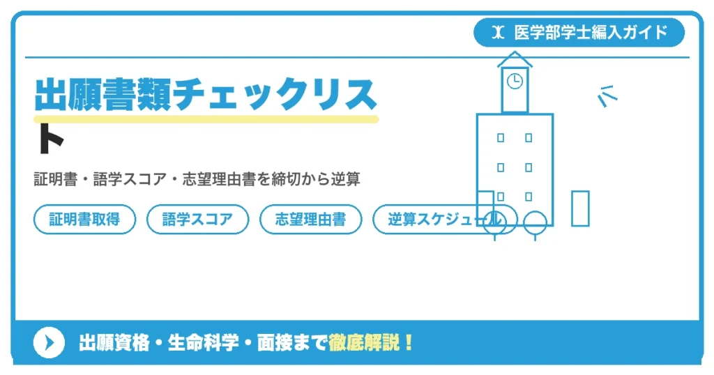 医学部学士編入の出願書類チェックリストを示すイメージ図。卒業証明書・成績証明書・語学スコア証明・志望理由書などの書類アイコンとスケジュール表を並べたデザイン