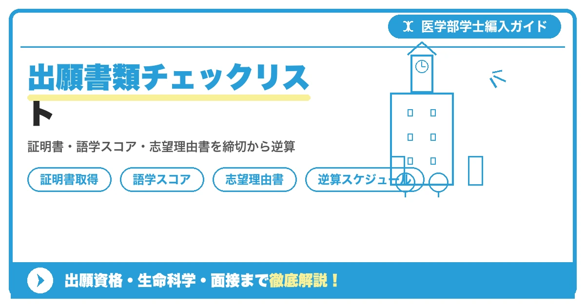 医学部学士編入の出願書類チェックリストを示すイメージ図。卒業証明書・成績証明書・語学スコア証明・志望理由書などの書類アイコンとスケジュール表を並べたデザイン