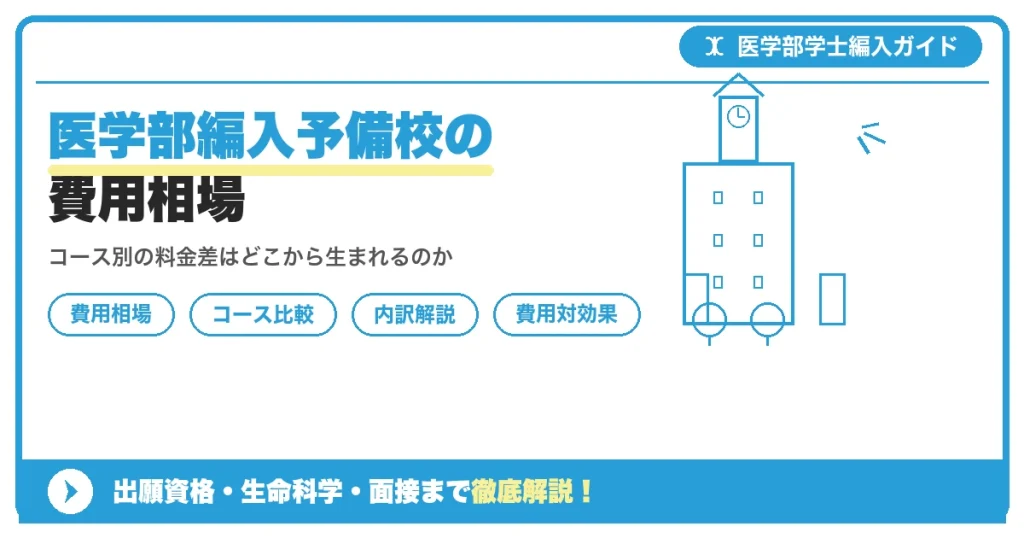 医学部学士編入予備校の費用相場とコース別料金の考え方を解説する記事のアイキャッチ画像で、単科・セット・フルサポートの料金帯を示すイメージ