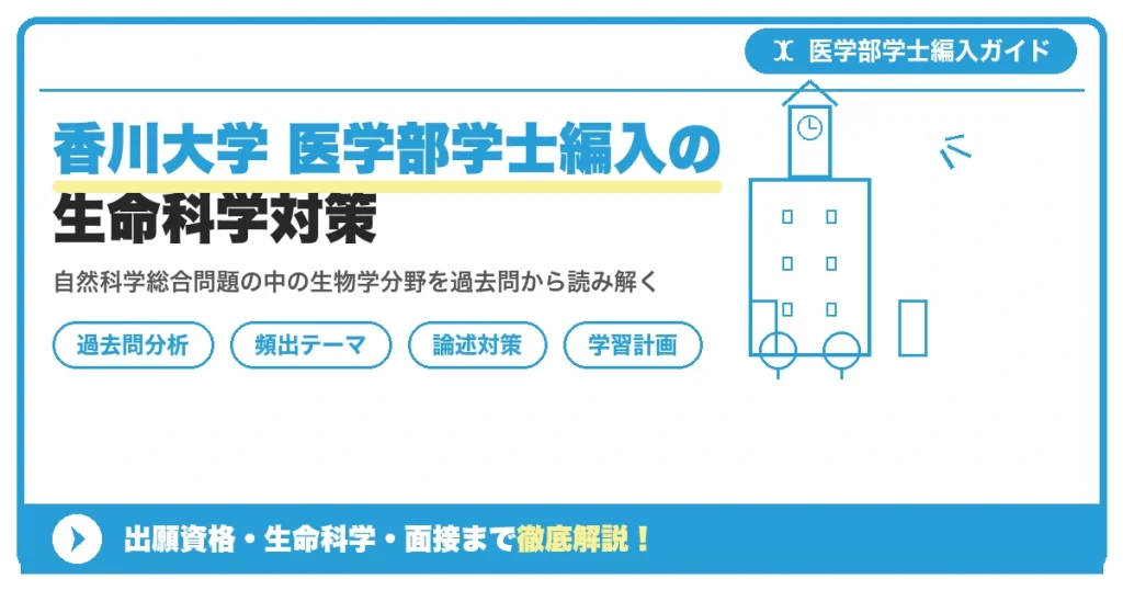 香川大学医学部医学科の学士編入学試験で課される自然科学総合問題のうち生物学分野の出題傾向・頻出テーマ・過去問分析・論述対策・学習スケジュールを解説する記事のアイキャッチ画像