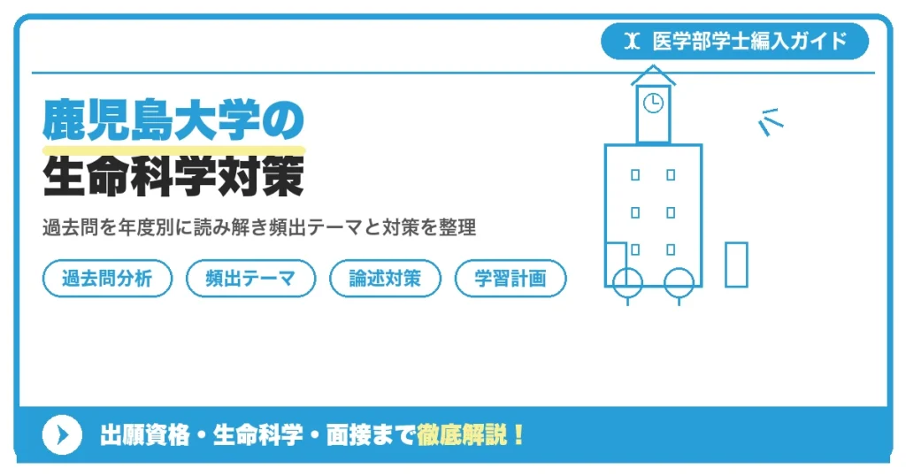 鹿児島大学医学部医学科の学士編入学試験における生命科学を中心とする自然科学の出題傾向・頻出分野・過去問分析・論述対策・学習スケジュールを解説する記事のアイキャッチ画像