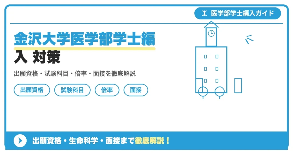 金沢大学医薬保健学域医学類の学士編入学試験について、募集人員・出願資格・生命科学とTOEFL-iBTの試験科目・倍率・面接対策を解説する記事のアイキャッチ画像