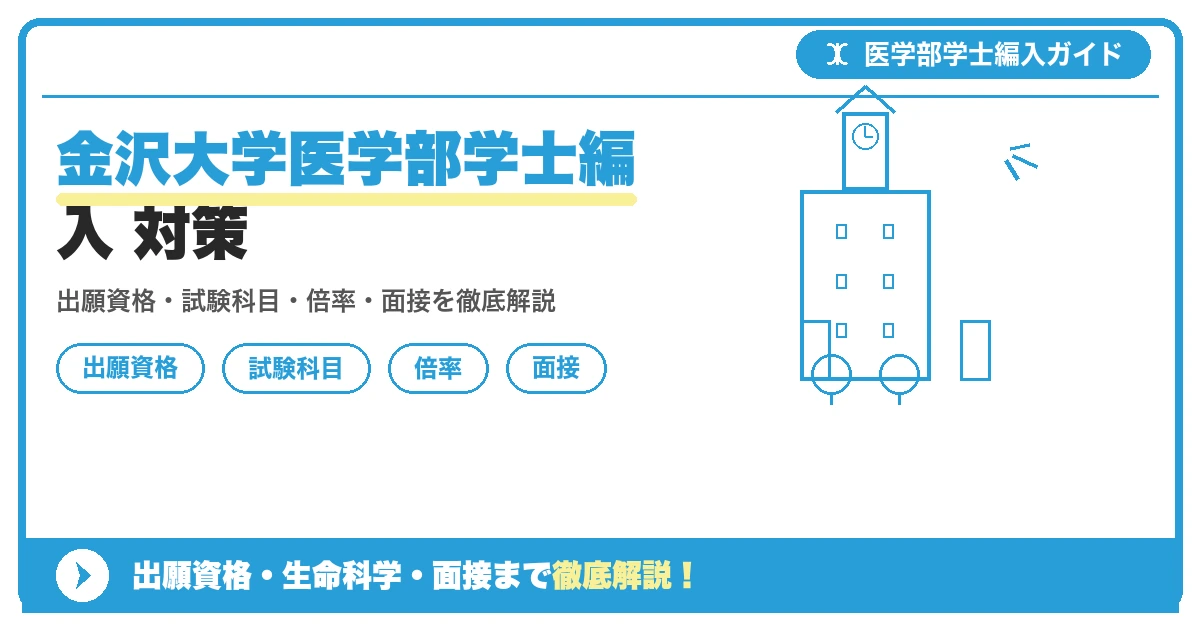 金沢大学医薬保健学域医学類の学士編入学試験について、募集人員・出願資格・生命科学とTOEFL-iBTの試験科目・倍率・面接対策を解説する記事のアイキャッチ画像