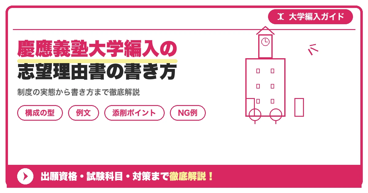 慶應義塾大学編入の志望理由書の書き方|例文と評価されるポイントを示すアイキャッチ画像