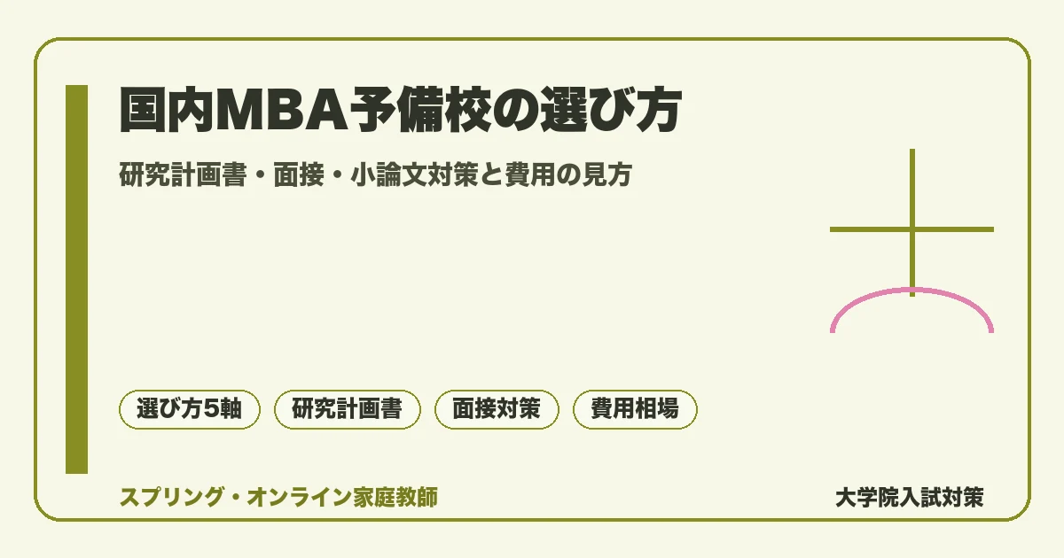 国内MBA予備校の選び方を解説する記事のアイキャッチ。志望校の出題タイプ別の予備校選び5軸、研究計画書・小論文・面接対策、費用相場を落ち着いた配色で整理した図解イメージ。