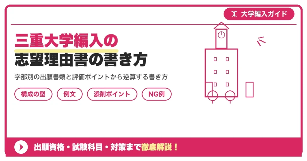 三重大学編入の志望理由書の書き方｜例文と評価されるポイントを示すアイキャッチ画像