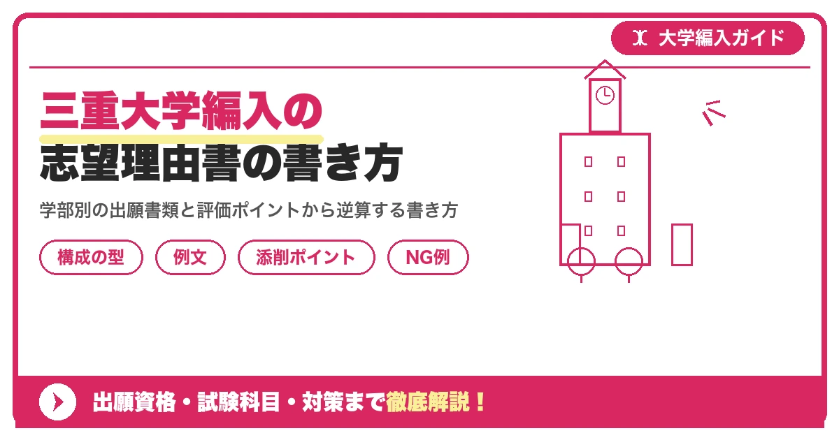 三重大学編入の志望理由書の書き方|例文と評価されるポイントを示すアイキャッチ画像