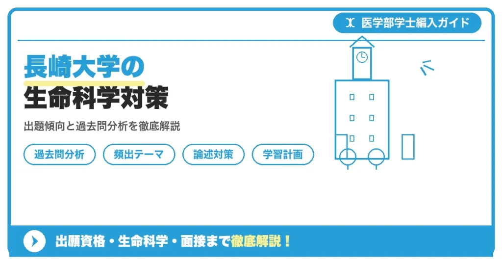 長崎大学医学部医学科学士編入試験の生命科学対策について、出題傾向・過去問分析・頻出テーマ別対策・学習スケジュールを解説する記事のアイキャッチ画像