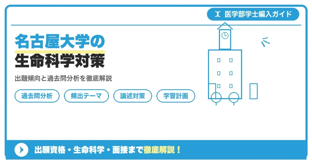 名古屋大学医学部学士編入の生命科学試験について、配点・出題傾向・過去問の年度別分析・対策方法を解説する記事のアイキャッチ画像
