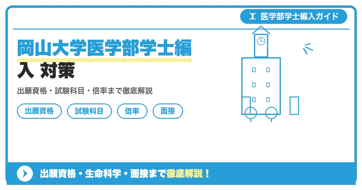 岡山大学医学部医学科の学士編入学試験について、募集人員・出願資格・試験科目と配点・倍率・面接対策までを解説する記事のアイキャッチ画像です