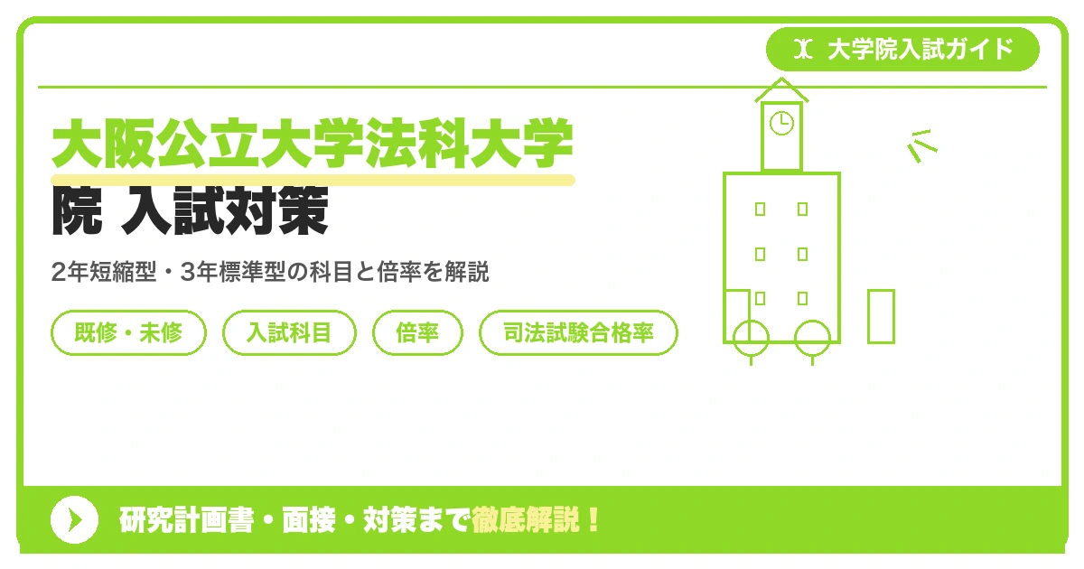 大阪公立大学法科大学院の入試制度を解説する記事のアイキャッチ画像。2年短縮型・3年標準型の科目や倍率、司法試験合格率のポイントを示す構成。