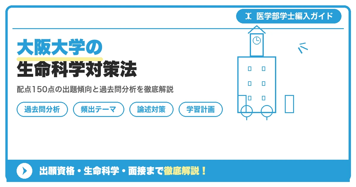 大阪大学医学部医学科の学士編入学試験における生命科学の配点・試験時間・出題傾向・過去問分析・頻出テーマ別対策を解説する記事のアイキャッチ画像