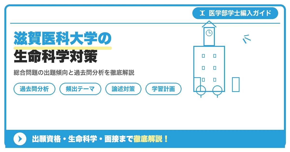 滋賀医科大学医学部学士編入の生命科学(総合問題)対策を解説する記事のアイキャッチ画像。出題傾向と過去問分析、学習計画をテーマにしたデザイン