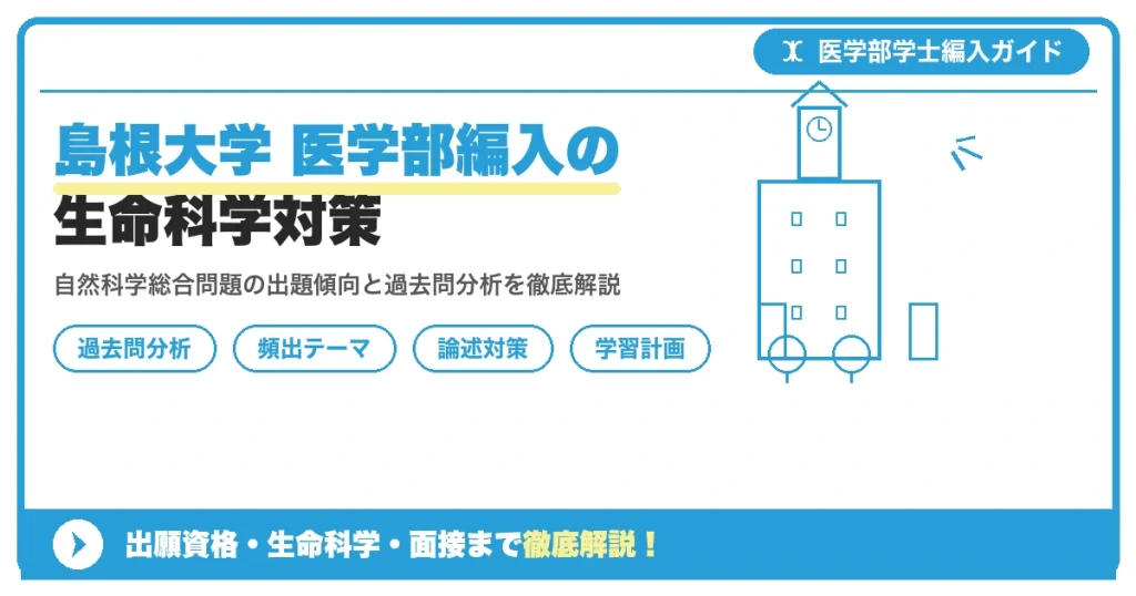 島根大学医学部医学科の学士編入学試験における自然科学総合問題(生命科学分野)の出題傾向と過去問分析を解説するコラム記事のアイキャッチ画像です