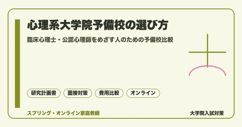 心理系大学院予備校の選び方を解説するアイキャッチ。臨床心理士・公認心理師を目指す受験生向けに、研究計画書と面接対策を軸にした主要予備校の比較ポイントを示している