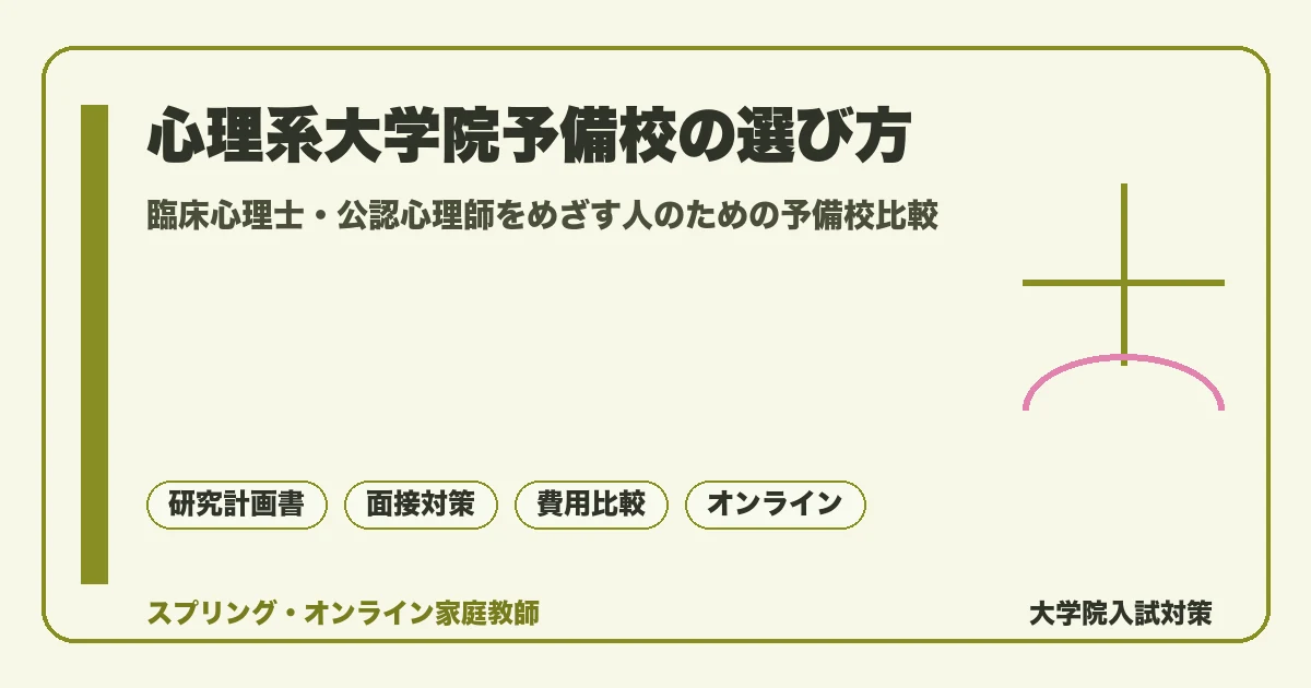 心理系大学院予備校の選び方を解説するアイキャッチ。臨床心理士・公認心理師を目指す受験生向けに、研究計画書と面接対策を軸にした主要予備校の比較ポイントを示している