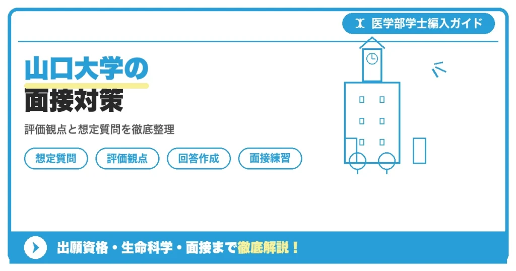 山口大学医学部学士編入学試験の面接対策を解説する記事のアイキャッチ画像。評価観点と想定質問というテーマを示すデザイン
