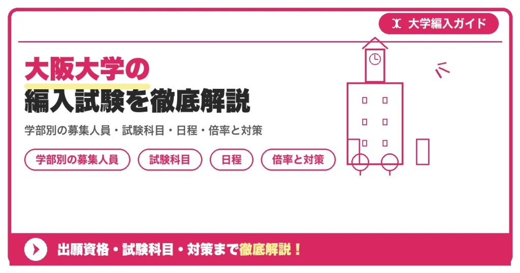 大阪大学の編入試験を徹底解説の記事アイキャッチ画像。大学編入対策の出願資格・試験科目・対策を示す図解。