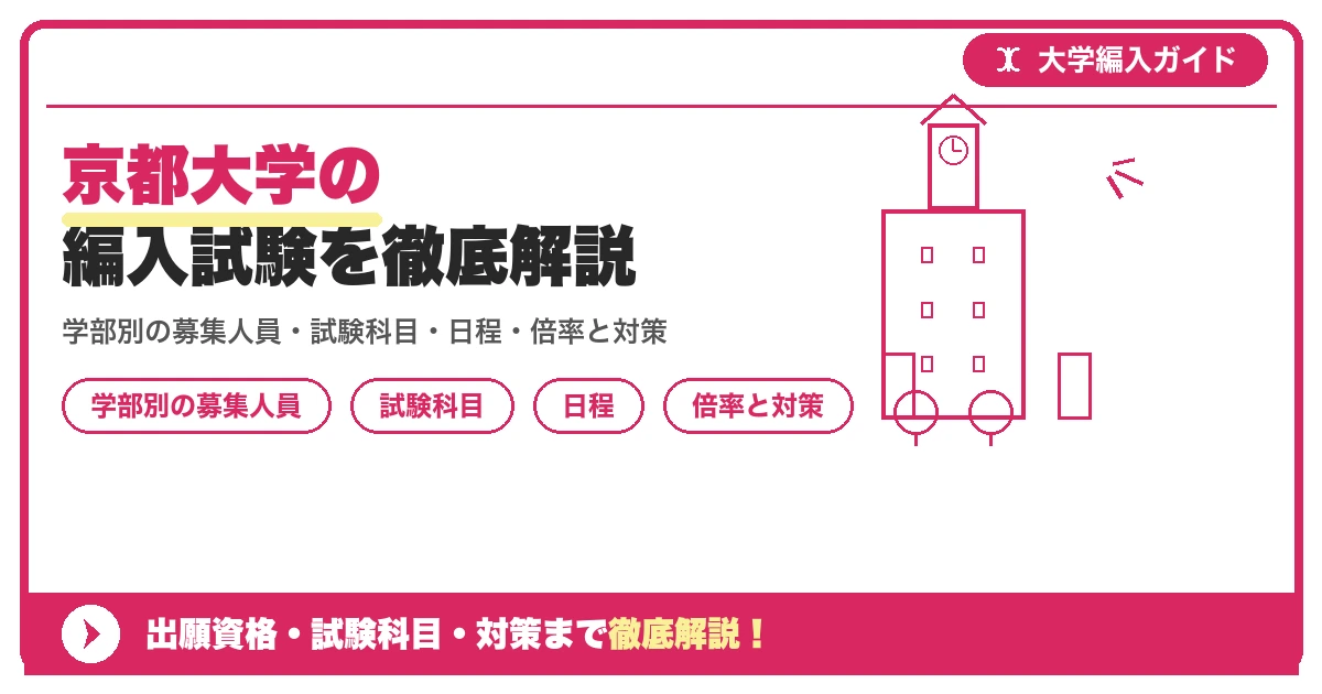 京都大学の編入試験を徹底解説の記事アイキャッチ画像。大学編入対策の出願資格・試験科目・対策を示す図解。