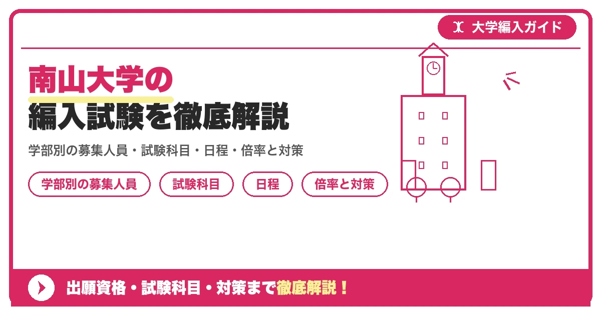 南山大学の編入試験を徹底解説の記事アイキャッチ画像。大学編入対策の出願資格・試験科目・対策を示す図解。