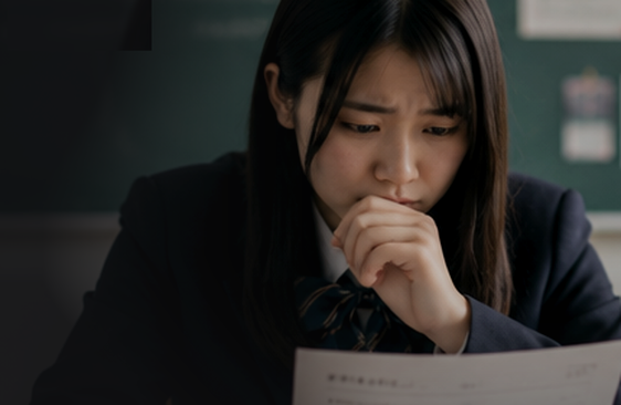 書類を見つめて考え込む制服姿の女子生徒