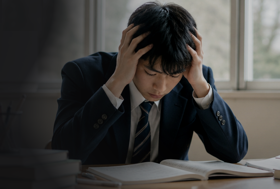 机で頭を抱えて悩むブレザー姿の男子生徒