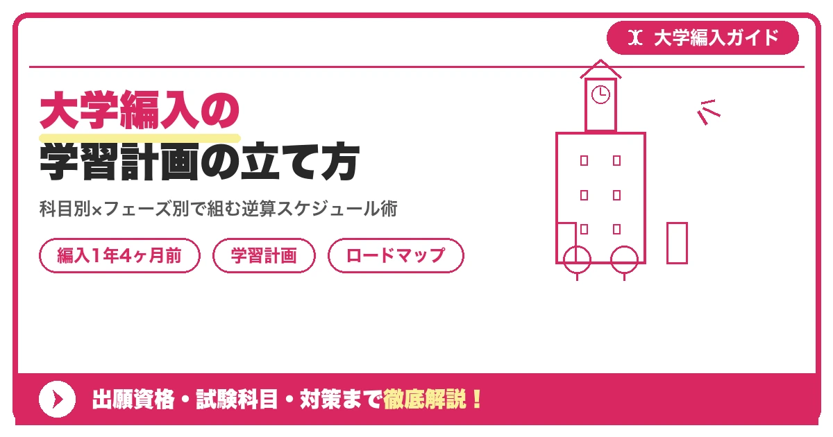 大学編入の学習計画の立て方｜1年半で仕上げる科目別ロードマップ【編入1年4ヶ月前】を示すアイキャッチ画像