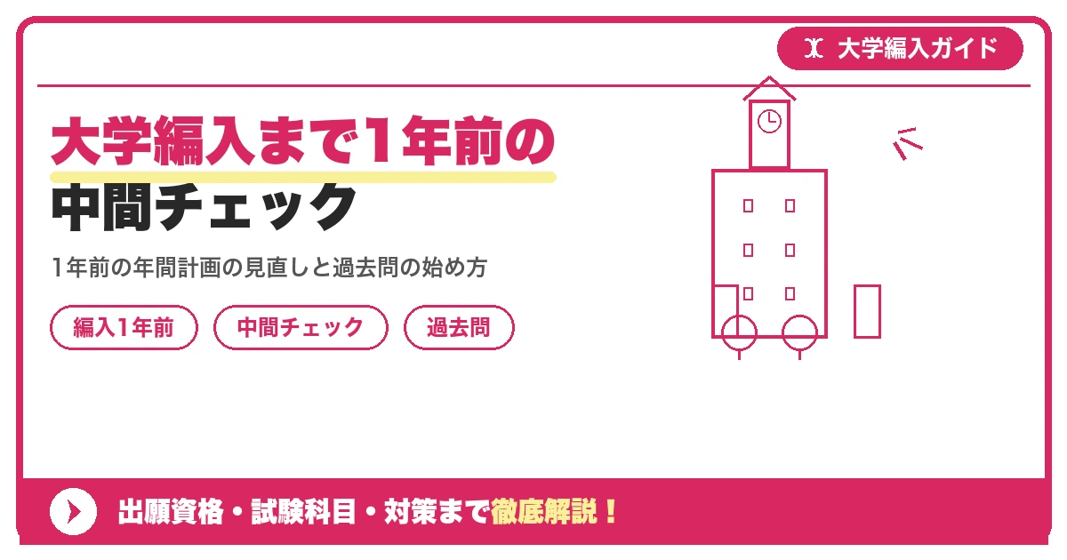 大学編入まで1年前の中間チェック|年間計画の見直しと過去問の始め方を示すアイキャッチ画像