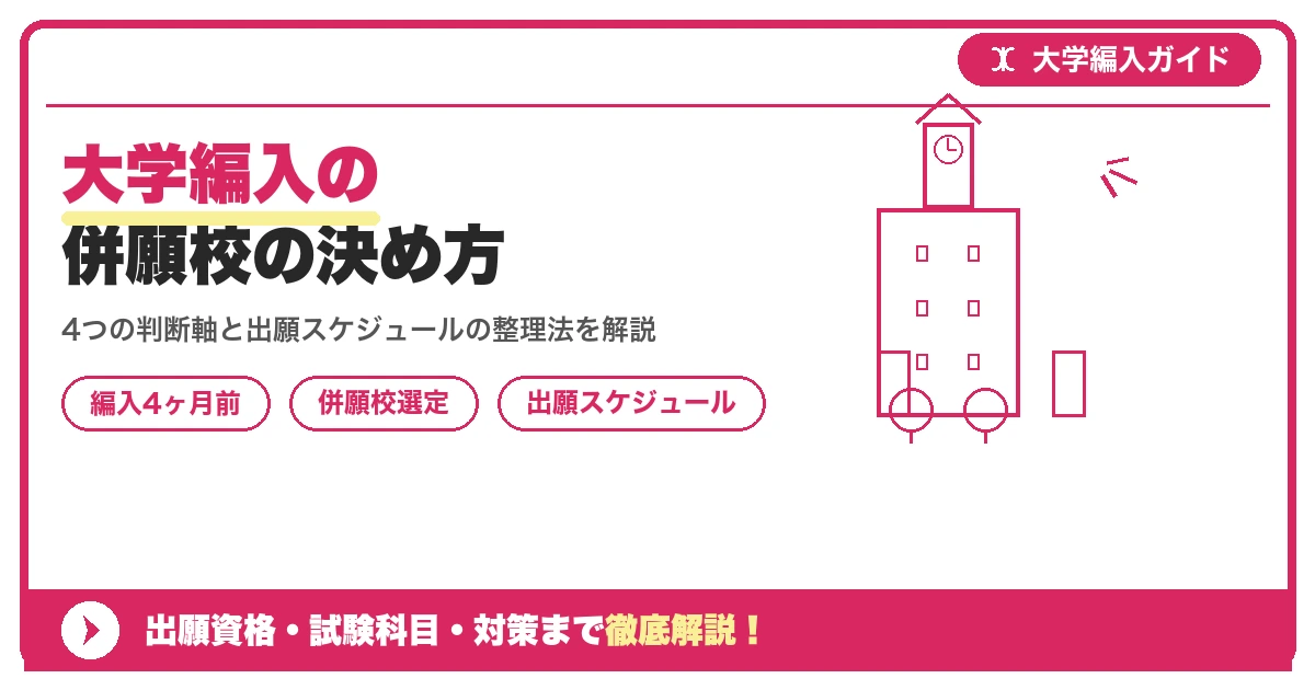大学編入の併願校の決め方｜出願スケジュールの整理と併願パターン【編入4ヶ月前】を示すアイキャッチ画像
