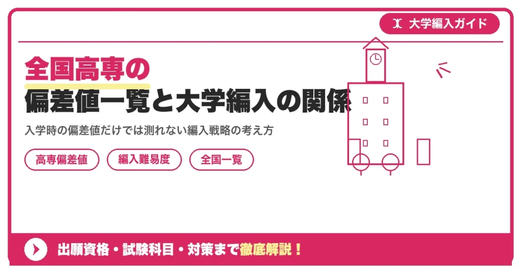 全国高専の偏差値一覧と大学編入の関係｜偏差値と編入難易度は比例するかを示すアイキャッチ画像