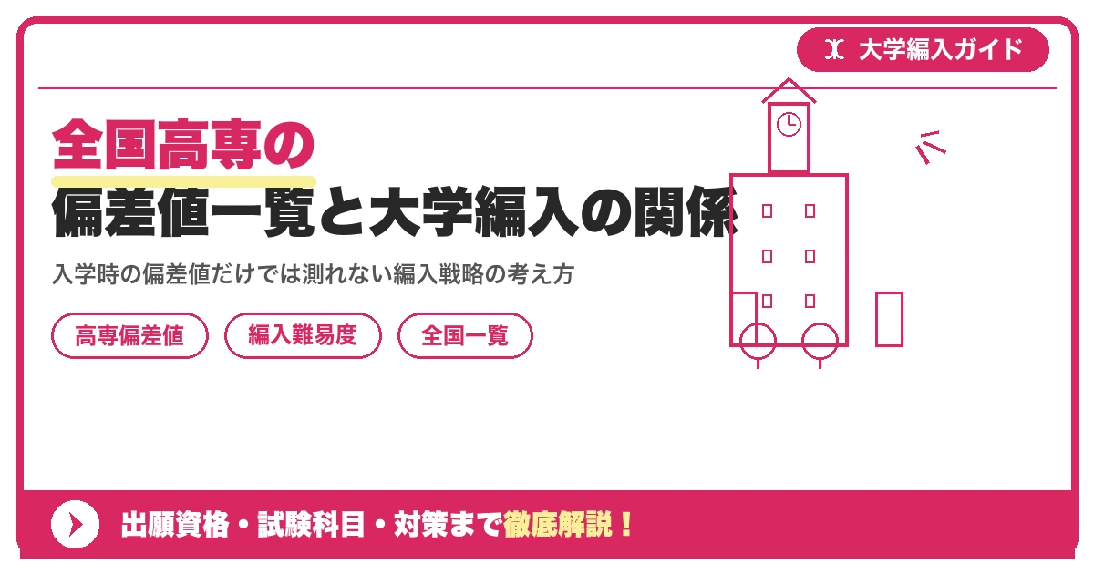 全国高専の偏差値一覧と大学編入の関係｜偏差値と編入難易度は比例するかを示すアイキャッチ画像