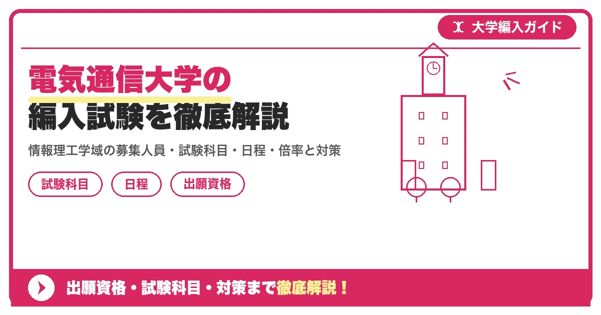 電気通信大学の編入試験を徹底解説｜情報理工学域の募集人員・試験科目・日程・倍率と対策【2027年度】の記事アイキャッチ画像。大学編入対策の出願資格・試験科目・対策を示す図解。