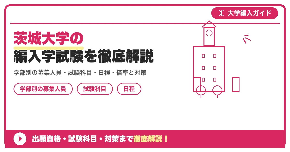 茨城大学の編入学試験を徹底解説｜学部別の募集人員・試験科目・日程・倍率と対策【2027年度】の記事アイキャッチ画像。大学編入対策の出願資格・試験科目・対策を示す図解。