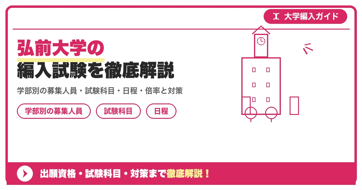 弘前大学の編入試験を徹底解説|学部別の募集人員・試験科目・日程・倍率と対策【2027年度】の記事アイキャッチ画像。大学編入対策の出願資格・試験科目・対策を示す図解。