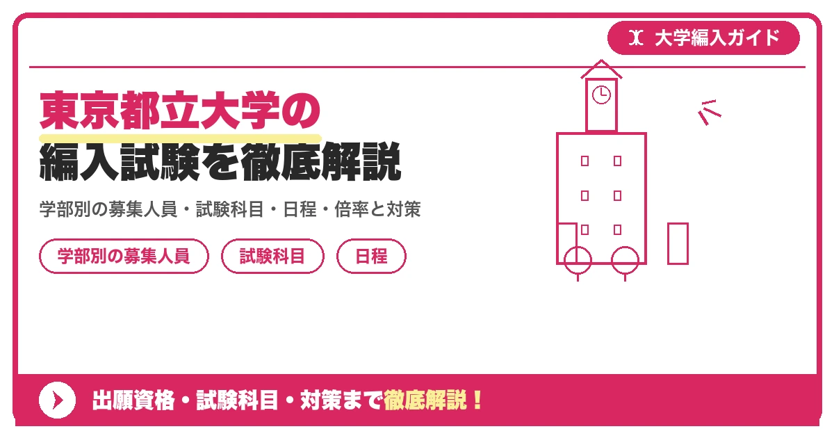 東京都立大学の編入試験を徹底解説|学部別の募集人員・試験科目・日程・倍率と対策【2027年度】の記事アイキャッチ画像。大学編入対策の出願資格・試験科目・対策を示す図解。