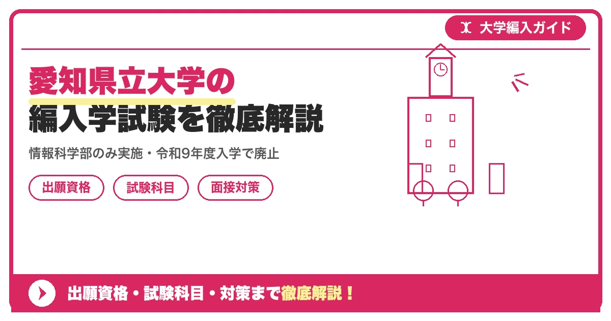 愛知県立大学の編入学試験を徹底解説｜情報科学部のみ実施・令和9年度入学で廃止【一次情報まとめ】の記事アイキャッチ画像。大学編入対策の出願資格・試験科目・対策を示す図解。