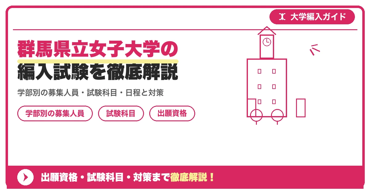 群馬県立女子大学の編入試験を徹底解説|学部別の募集人員・試験科目・日程と対策【2027年度】の記事アイキャッチ画像。大学編入対策の出願資格・試験科目・対策を示す図解。