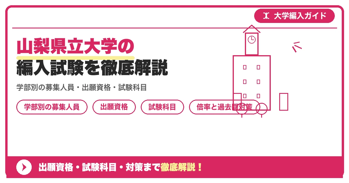 山梨県立大学の編入試験を徹底解説|学部別の募集人員・出願資格・試験科目・倍率と過去問対策の記事アイキャッチ画像。大学編入対策の出願資格・試験科目・対策を示す図解。