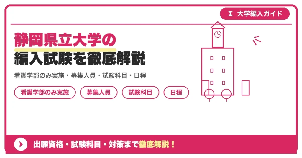 静岡県立大学の編入試験を徹底解説｜看護学部のみ実施・募集人員・試験科目・日程・倍率と対策【2027年度】の記事アイキャッチ画像。大学編入対策の出願資格・試験科目・対策を示す図解。