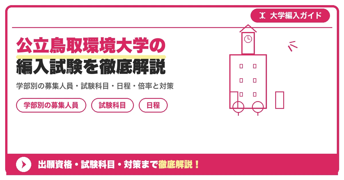 公立鳥取環境大学の編入試験を徹底解説｜学部別の募集人員・試験科目・日程・倍率と対策【2027年度】の記事アイキャッチ画像。大学編入対策の出願資格・試験科目・対策を示す図解。