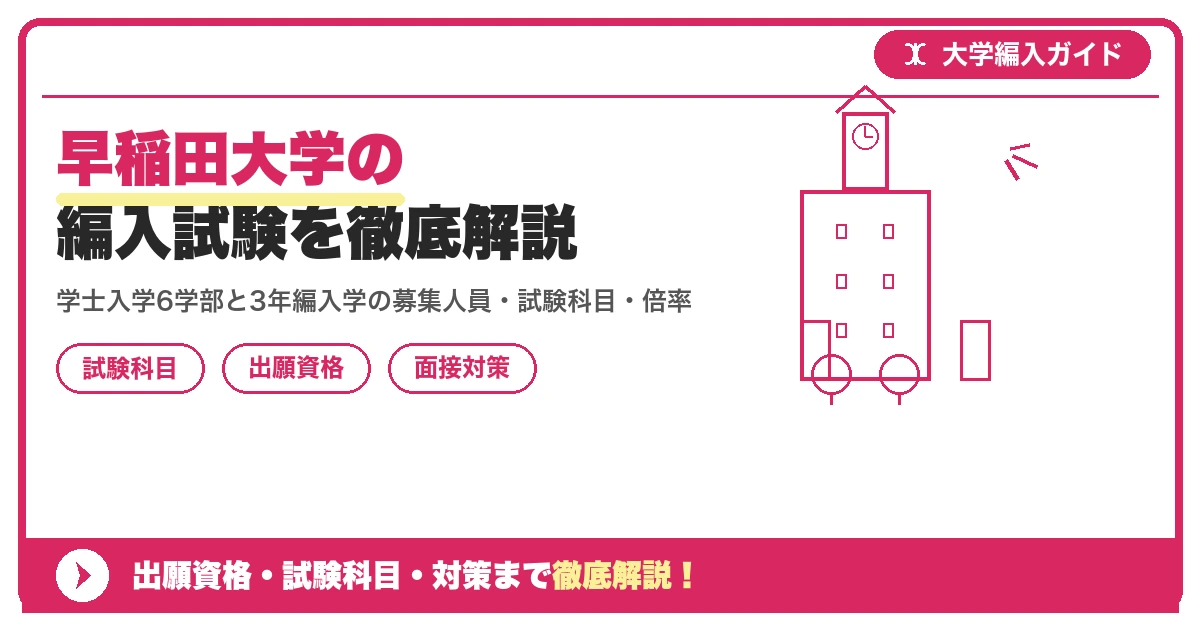 早稲田大学の編入試験を徹底解説｜学士入学6学部と3年編入学の募集人員・試験科目・倍率【2027年度】の記事アイキャッチ画像。大学編入対策の出願資格・試験科目・対策を示す図解。