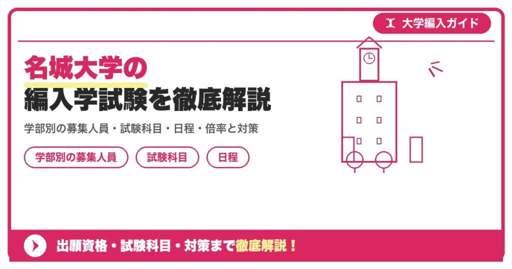 名城大学の編入学試験を徹底解説｜学部別の募集人員・試験科目・日程・倍率と対策【2027年度】の記事アイキャッチ画像。大学編入対策の出願資格・試験科目・対策を示す図解。
