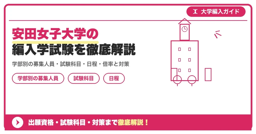 安田女子大学の編入学試験を徹底解説｜学部別の募集人員・試験科目・日程・倍率と対策【2027年度】の記事アイキャッチ画像。大学編入対策の出願資格・試験科目・対策を示す図解。