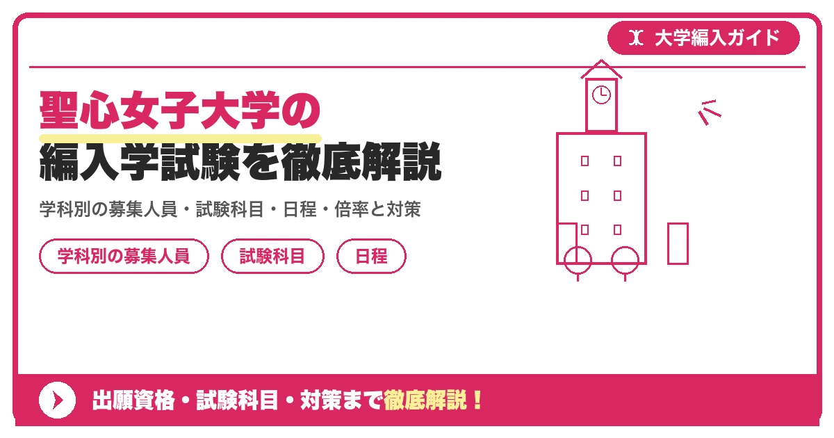 聖心女子大学の編入学試験を徹底解説｜学科別の募集人員・試験科目・日程・倍率と対策【2027年度】の記事アイキャッチ画像。大学編入対策の出願資格・試験科目・対策を示す図解。