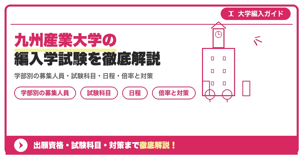 九州産業大学の編入学試験を徹底解説｜学部別の募集人員・試験科目・日程・倍率と対策の記事アイキャッチ画像。大学編入対策の出願資格・試験科目・対策を示す図解。