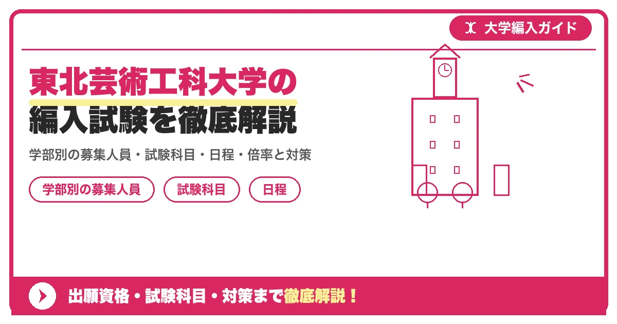 東北芸術工科大学の編入試験を徹底解説｜学部別の募集人員・試験科目・日程・倍率と対策【2027年度】の記事アイキャッチ画像。大学編入対策の出願資格・試験科目・対策を示す図解。